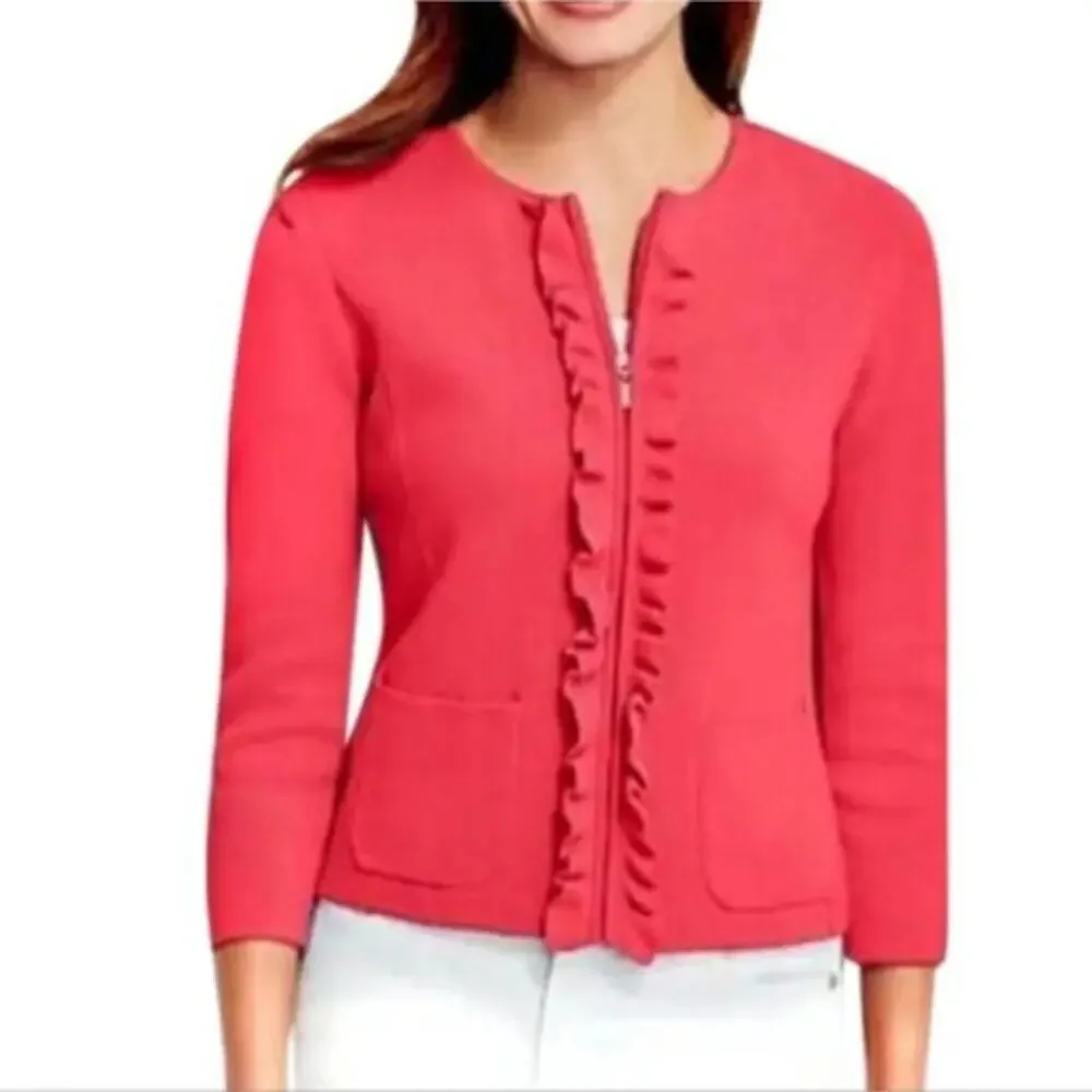 Talbots Ruffle Detail Pink Zippered Sweater Cardigan Blazer Size‎ XS